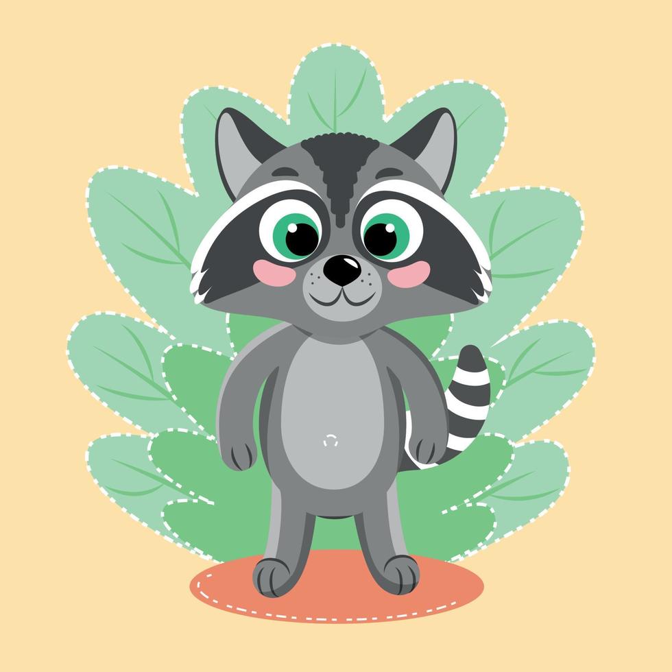 A cute raccoon stands and looks at you. Children's vector illustration.