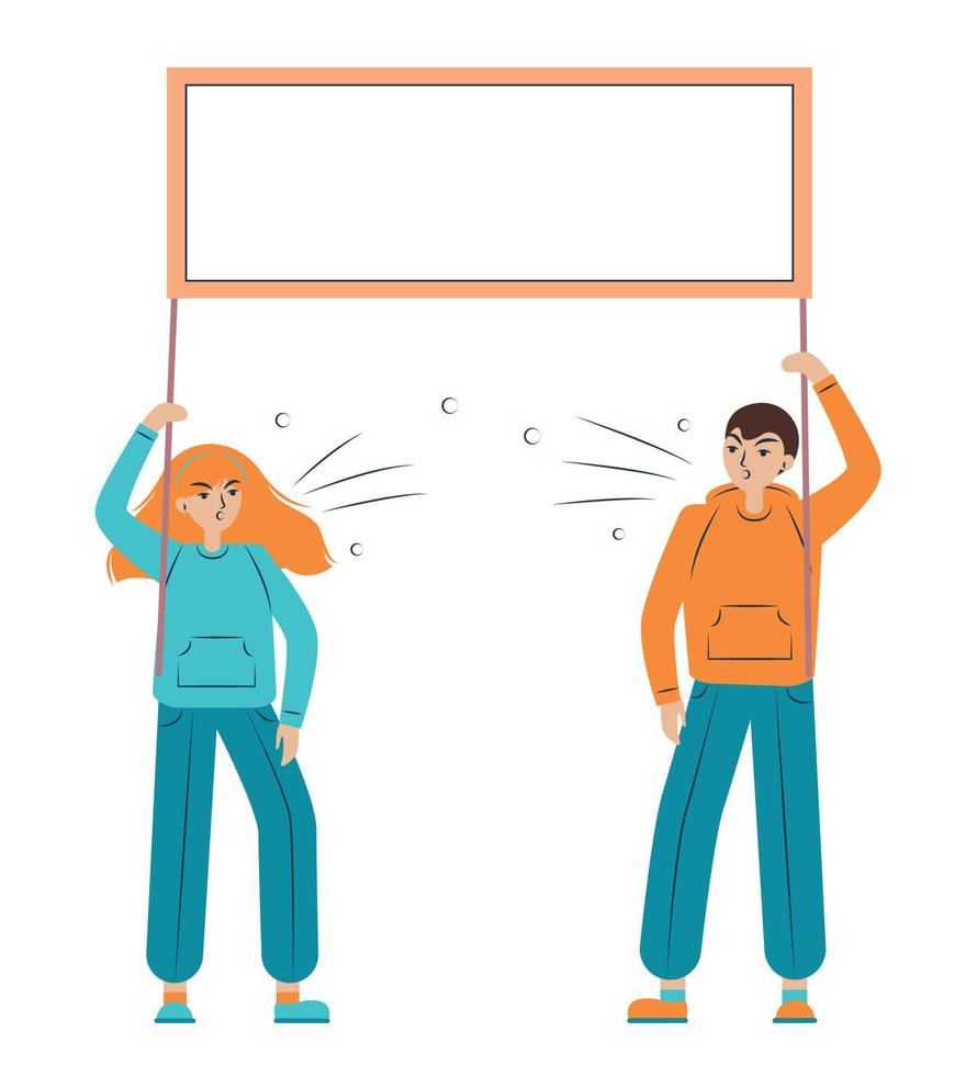 Emotional man and woman protest, holding placard. Protesters at a political rally, parade, or rally. Vector flat illustration.