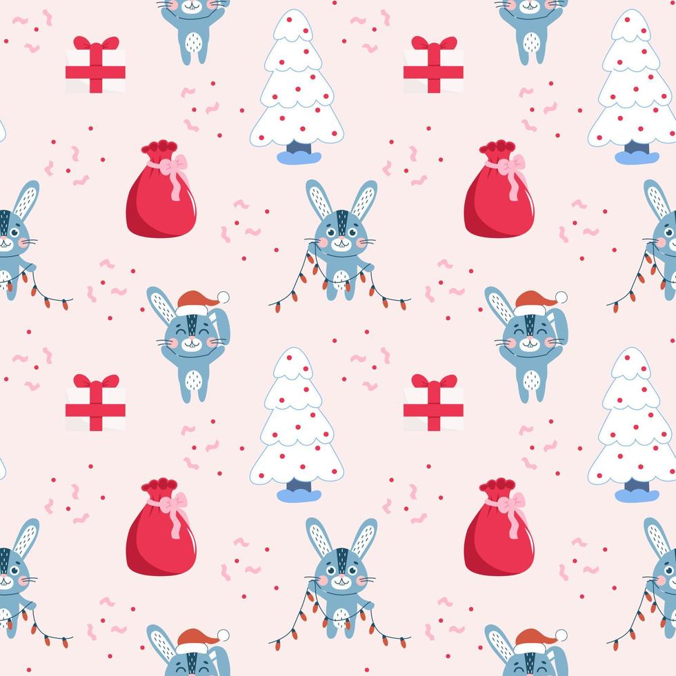 Seamless pattern with Christmas cute rabbits set. Winter hare symbol of 2023 year. vector