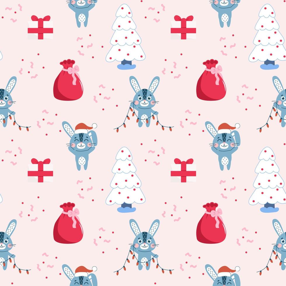 Seamless pattern with Christmas cute rabbits set. Winter hare symbol of 2023 year. vector