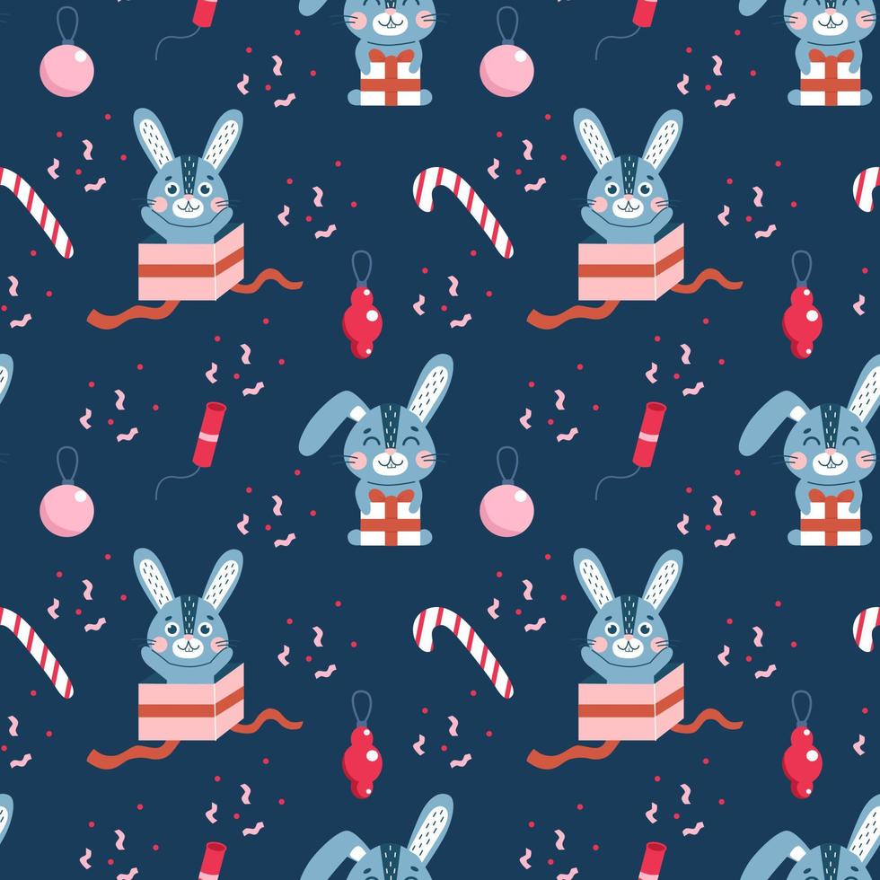 Seamless pattern with Christmas cute rabbits set. Winter hare symbol of 2023 year. vector