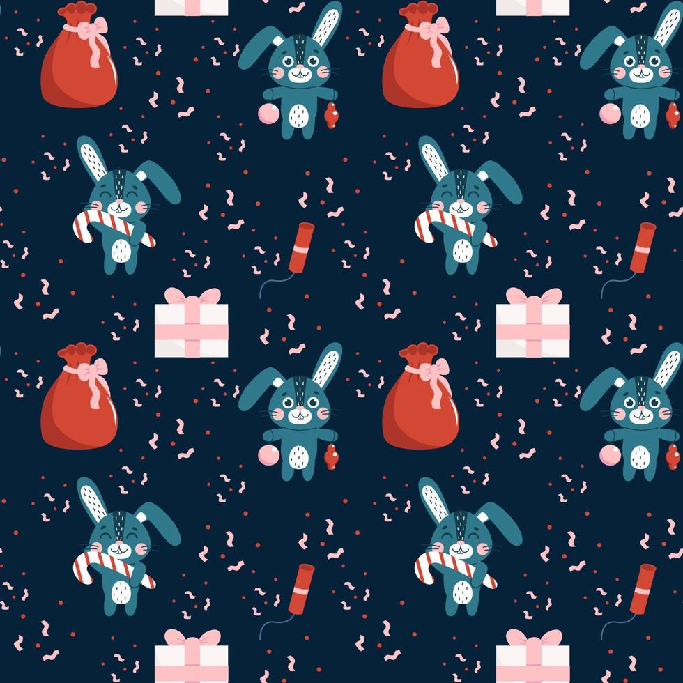 Seamless pattern with Christmas cute rabbits set. Winter hare symbol of 2023 year. vector