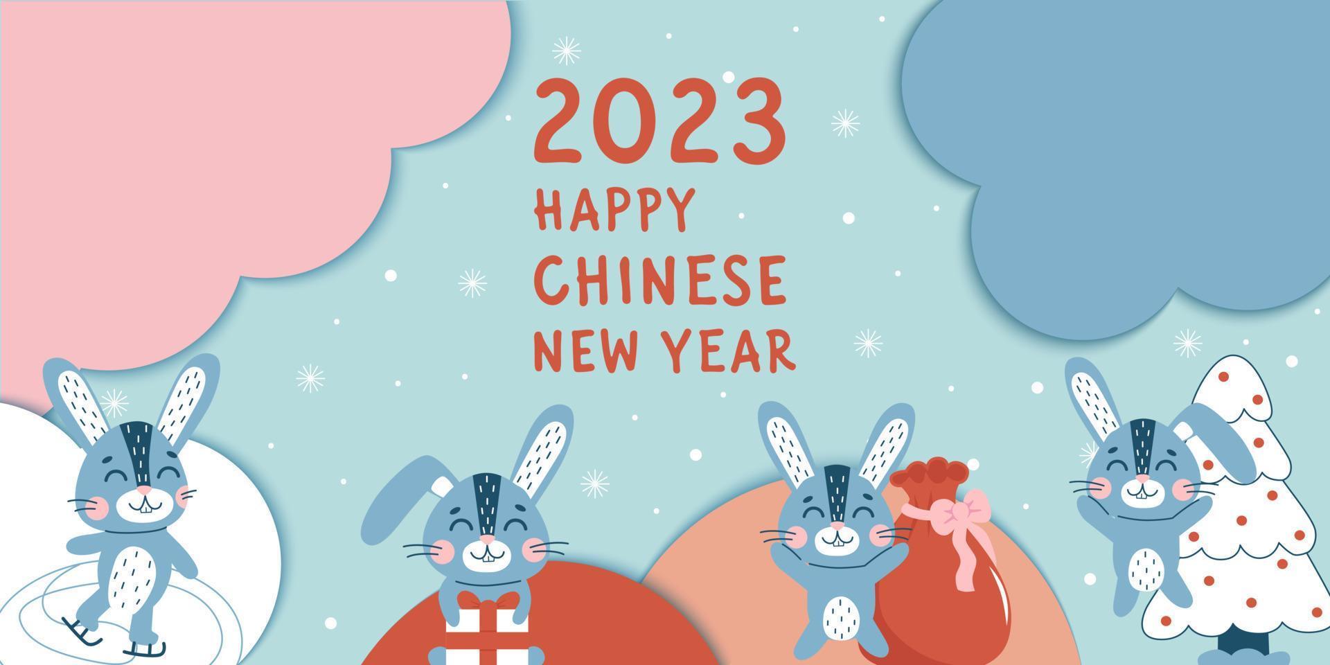 Happy Chinese New Year. The year of the rabbit . Banner with cute rabbits. Winter hare symbol of 2023 year. vector
