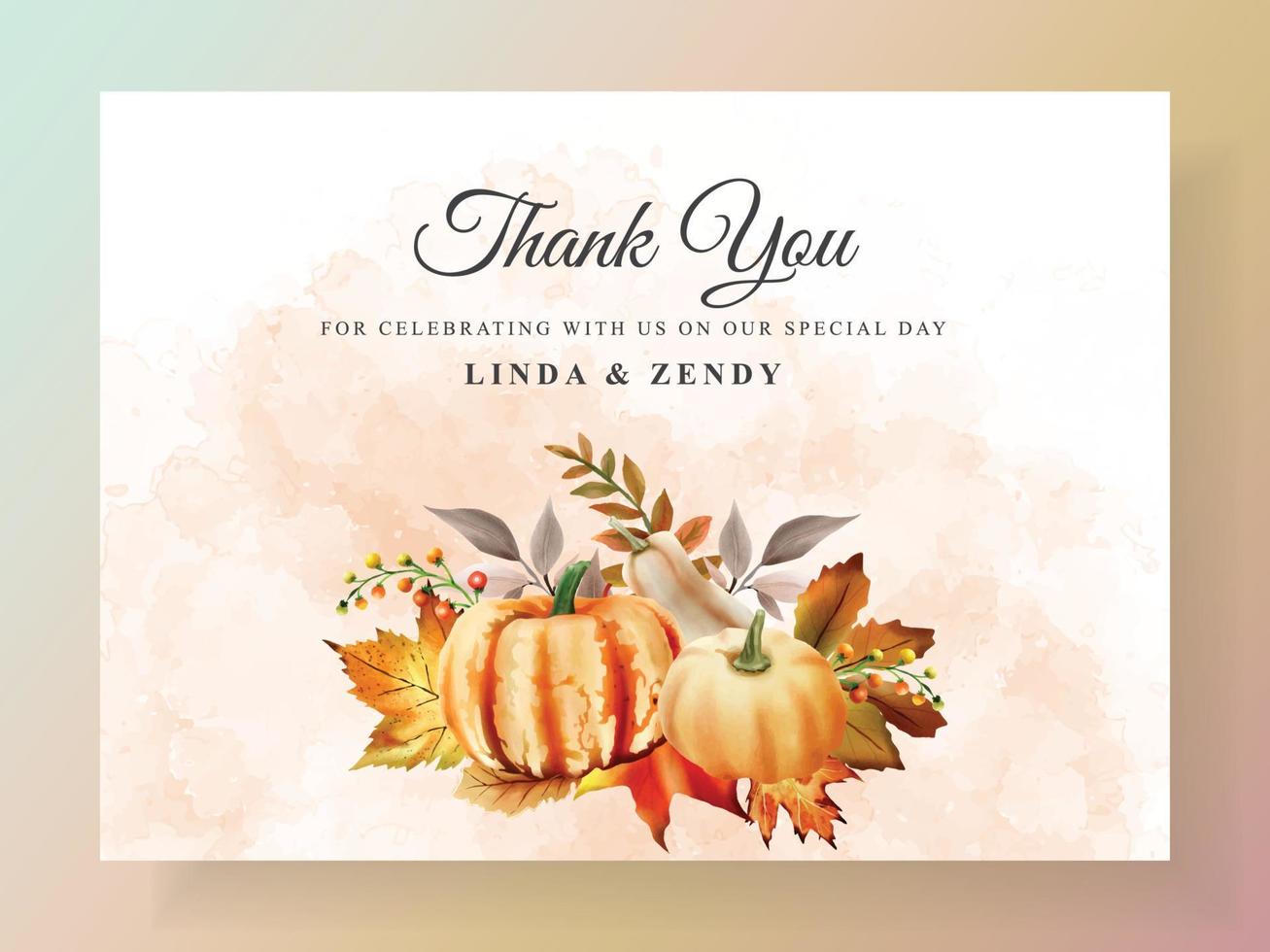 autumn wedding invitation card with pumpkin and mushroom and bird and leaves watercolor vector