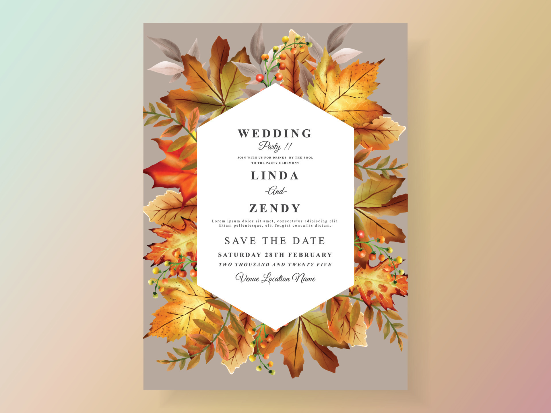 Autumn wedding invitation card with pumpkin and mushroom and bird and