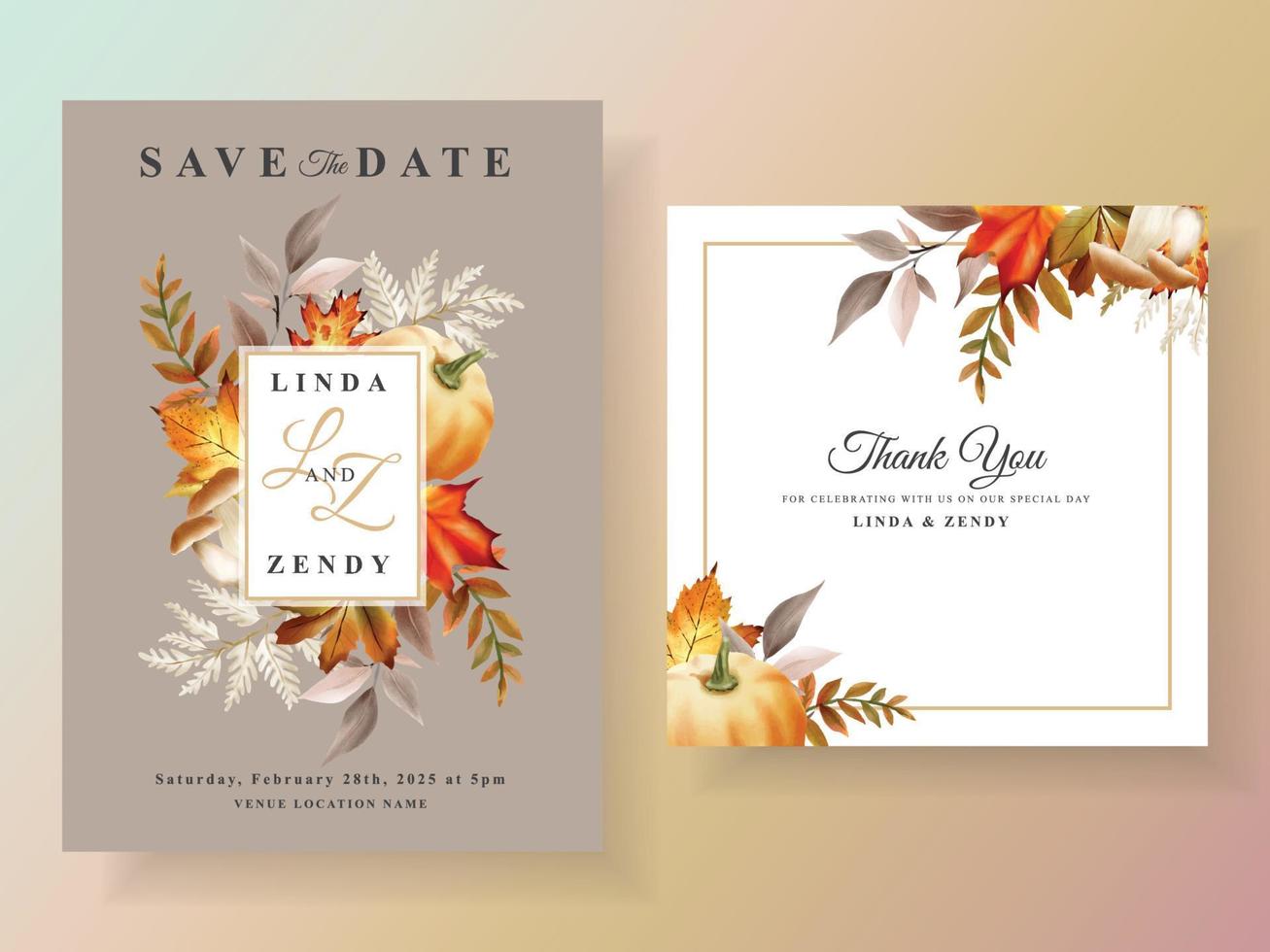 autumn wedding invitation card with pumpkin and mushroom and bird and leaves watercolor vector