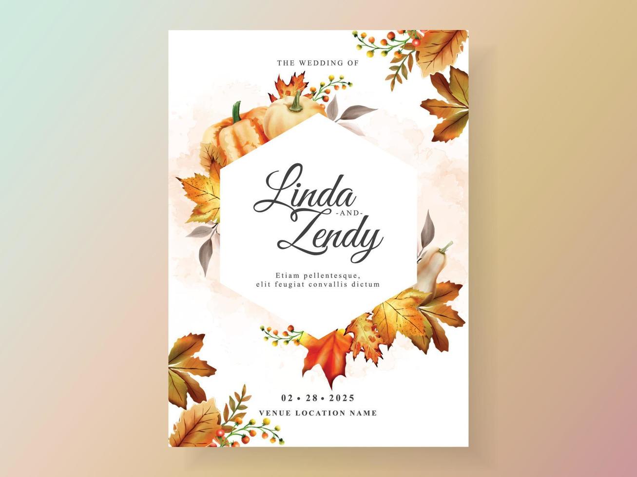 autumn wedding invitation card with pumpkin and mushroom and bird and leaves watercolor vector