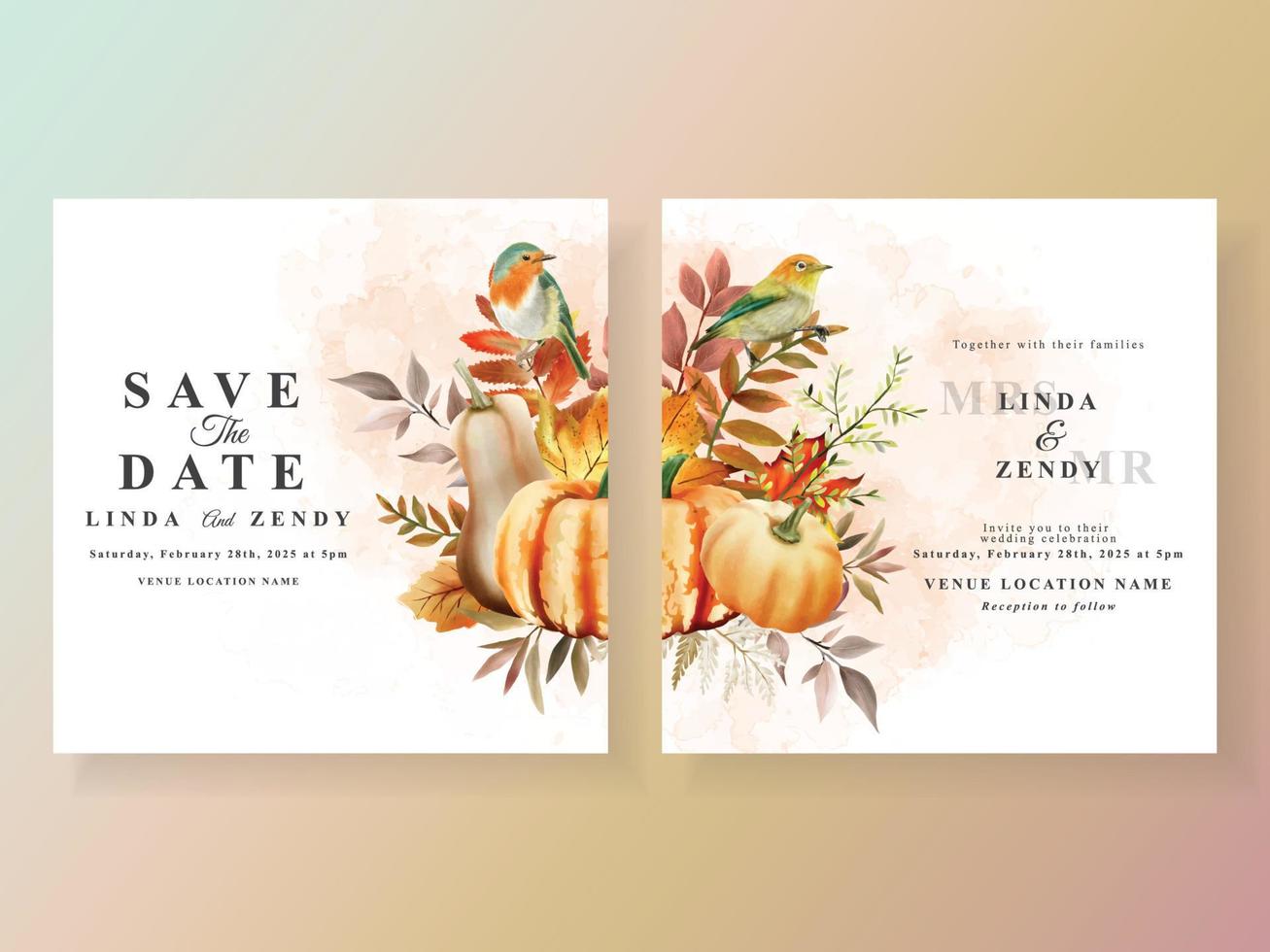 tarjeta de invitación de boda de otoño con calabaza y champiñón y pájaro y hojas de acuarela vector