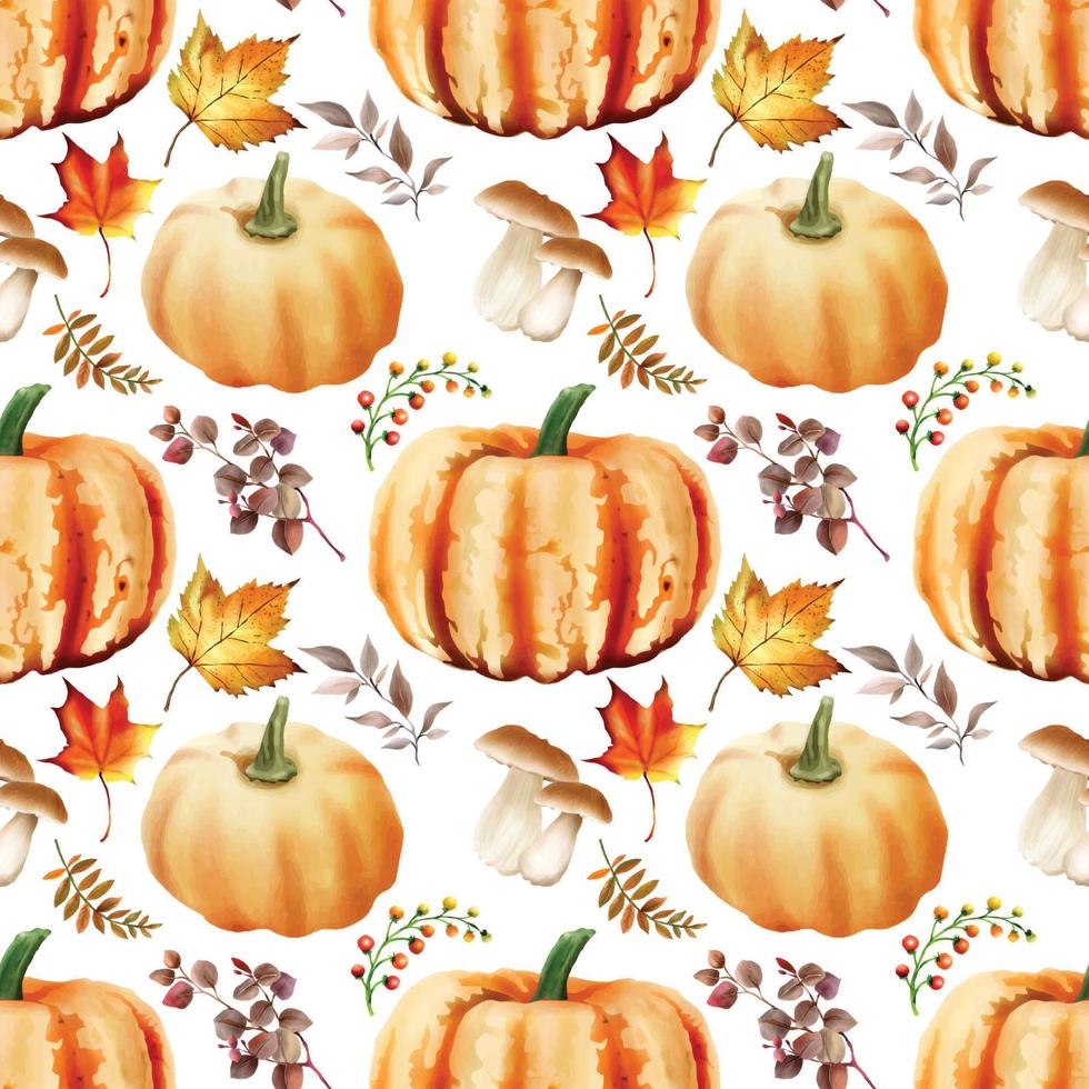 autumn seamless pattern with pumpkin and mushroom and bird and leaves watercolor vector