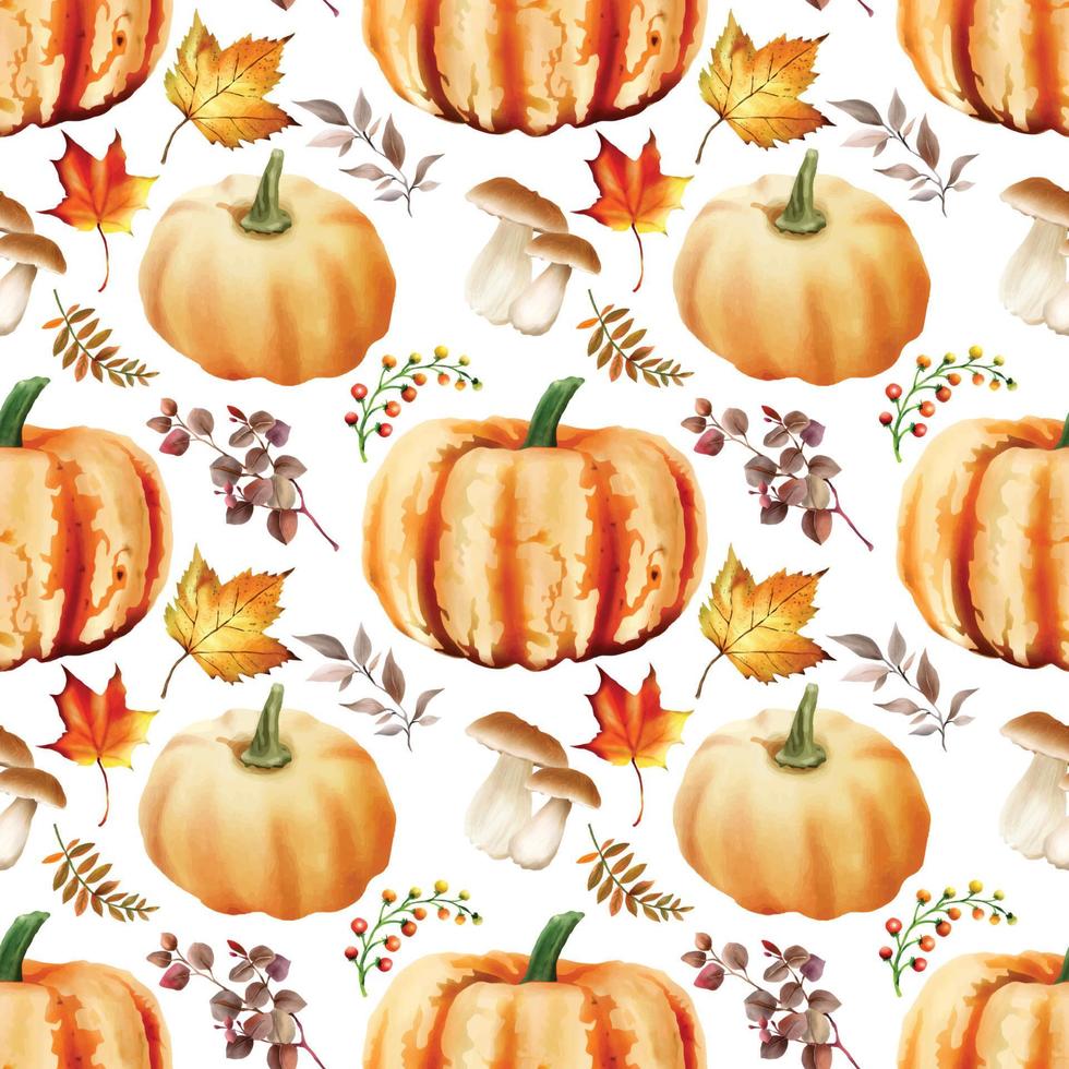 autumn seamless pattern with pumpkin and mushroom and bird and leaves watercolor vector