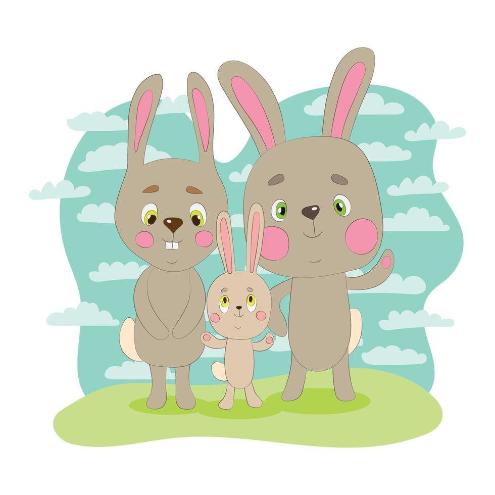 A family of rabbits on a walk with a little rabbit. Cartoon vector graphics.