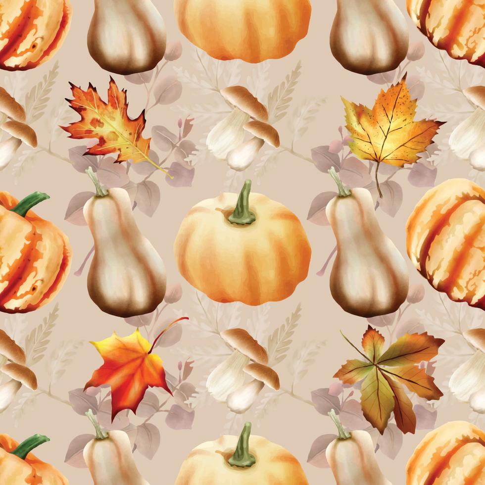 autumn seamless pattern with pumpkin and mushroom and bird and leaves watercolor vector