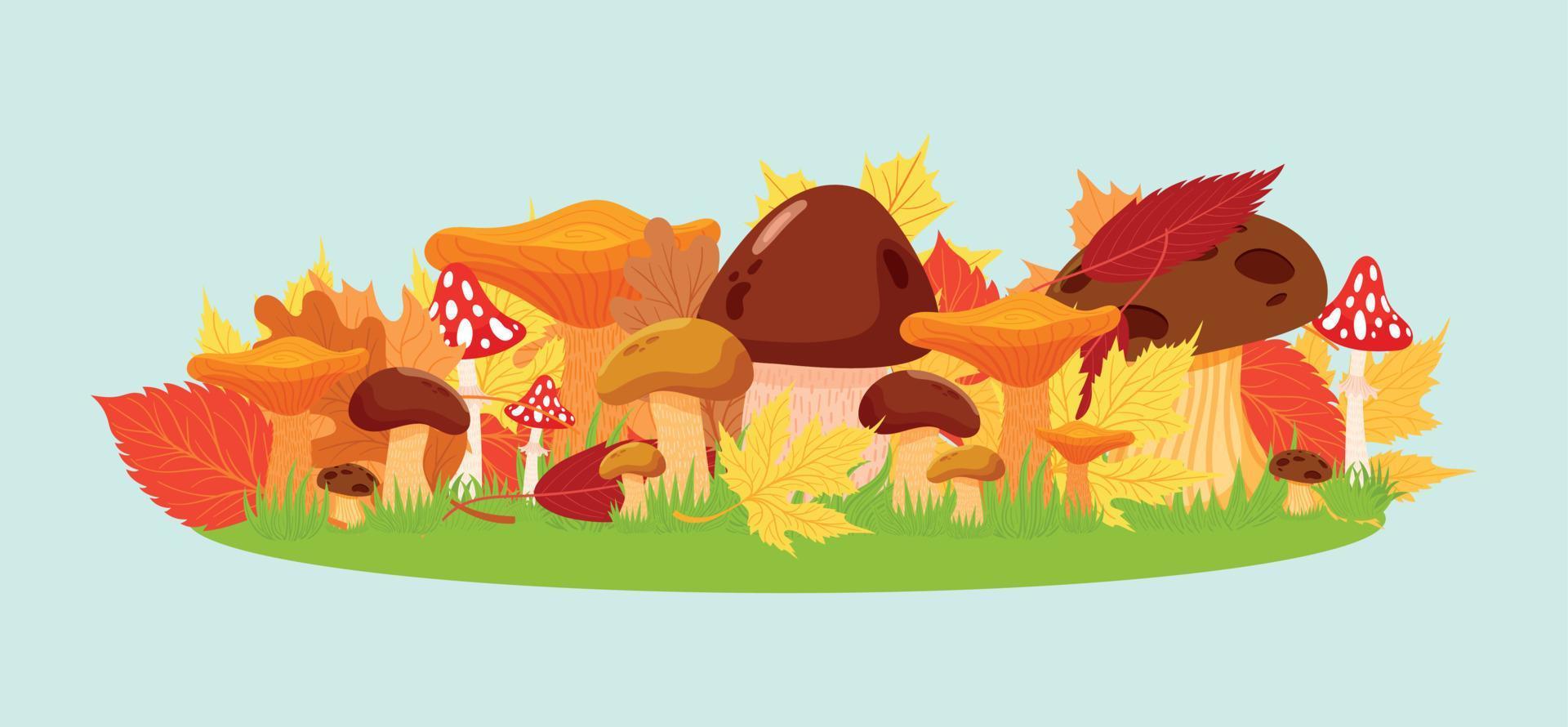 conjunto de hojas de otoño. lindas hojas diferentes, champiñones. ilustración de vector de elementos estacionales de otoño