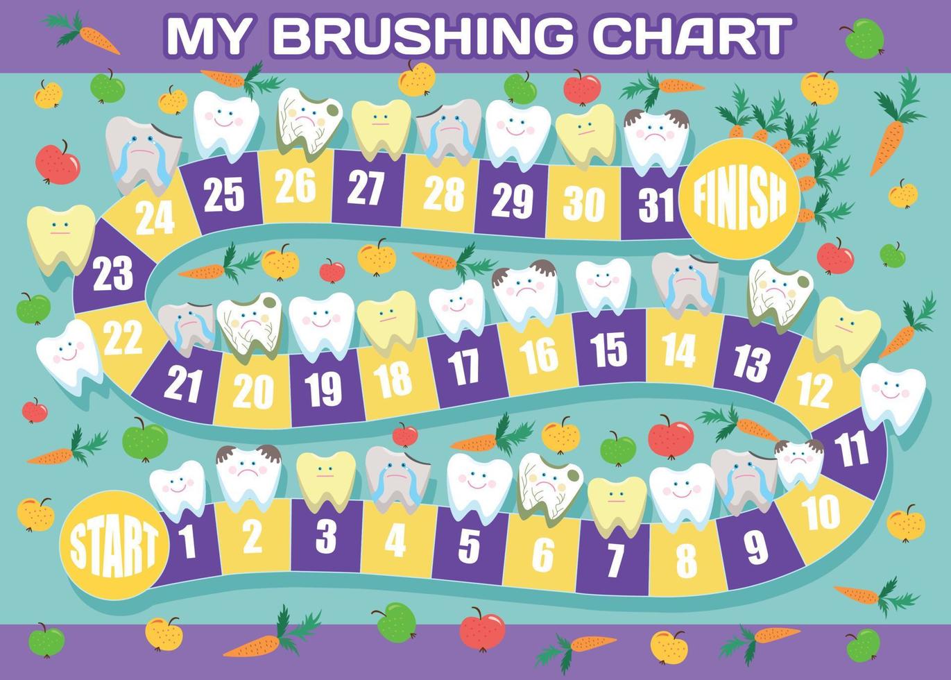 My brushing chart.From start to finish.  Child dental poster. Healthcare and protection teeth concept. Vector flat design.