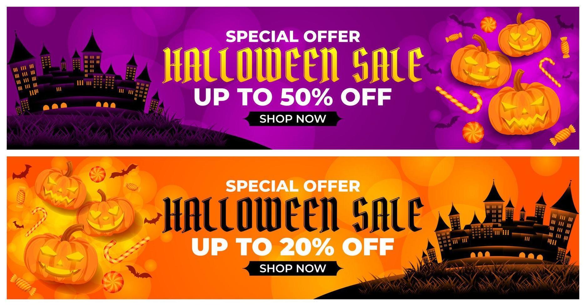Halloween Sale Promotion with jack o lantern, castle and candy vector, happy halloween background for business retail promotion, banner, poster, social media, feed, invitation vector