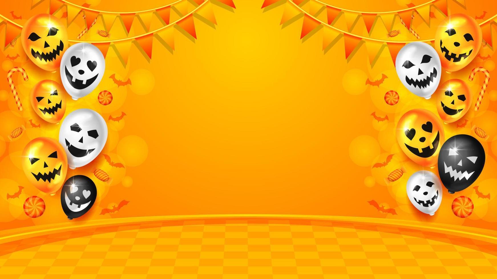 Halloween background template with scary balloon and candy vector, halloween backdrop for sale promotion, banner, poster, social media, feed, invitation, event, wallpaper in yellow color vector