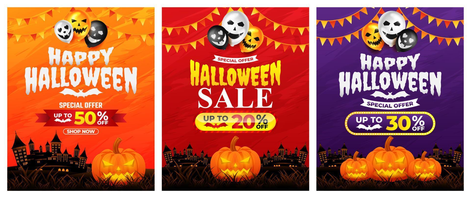 promoción de venta de halloween con globo aterrador y vector de castillo, feliz fondo de halloween para promoción comercial minorista, pancarta, afiche, medios sociales, alimentación, invitación