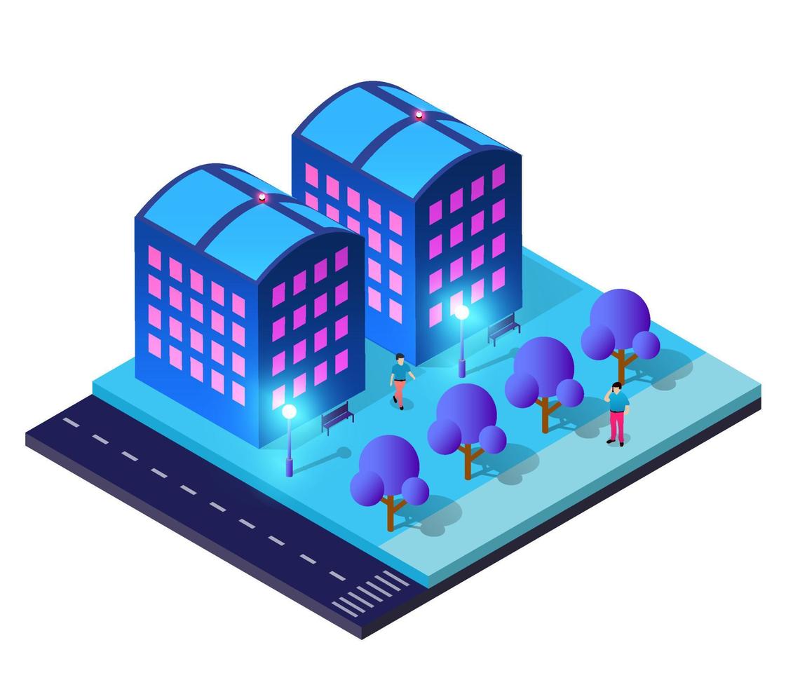 Night isometric smart blue ultraviolet block quarter city at night with lights. The town of the future is a futuristic 3D illustration. vector