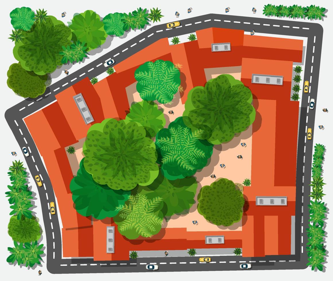 Top view landscape with rooftops, fields, forests and trees city streets, and houses. vector