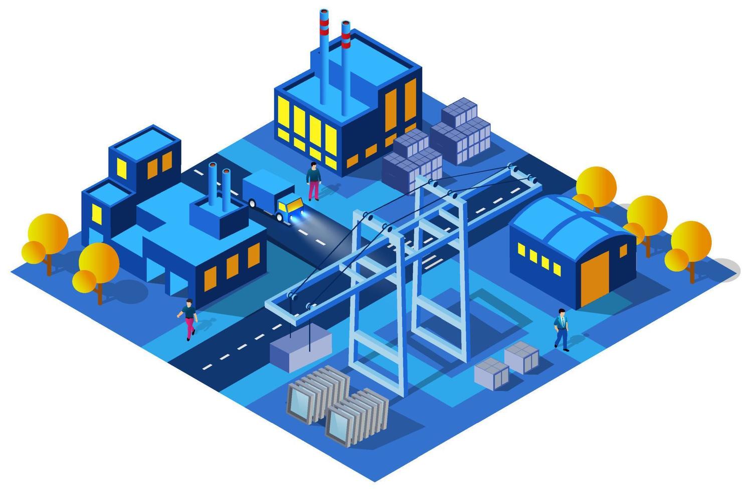 City industrial factories warehouses Isometric night lights architecture 3D illustration technology town street with a lot of building houses vector