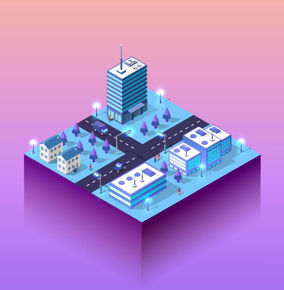 City future smart urban Isometric night lights architecture 3D illustration technology town street with a lot of building houses and skyscrapers, streets, trees vector