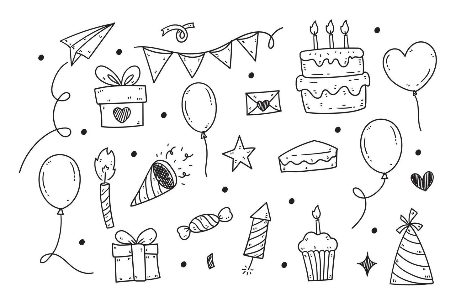 Hand drawn birthday party doodle elements. Vector illustration isolated on white background