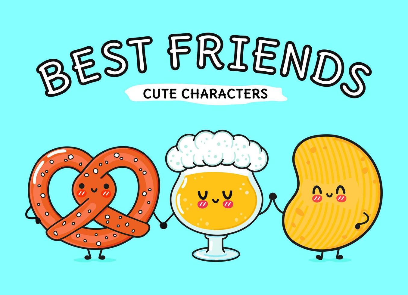 Cute, funny happy glass of beer, pretzel and chips. Vector hand drawn cartoon kawaii characters, illustration icon. Funny happy cartoon glass of beer, pretzel and chips mascot friends