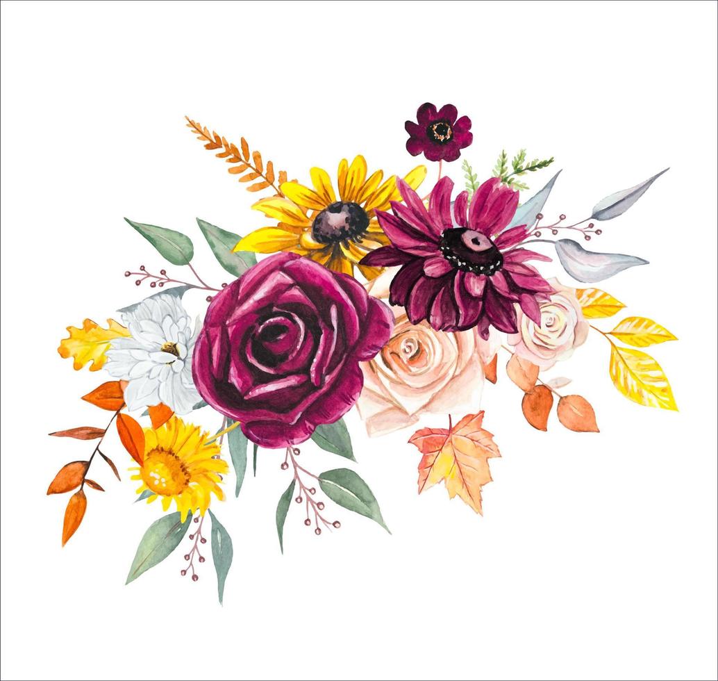 hermoso ramo de otoño con flores pintadas a mano, burdeos, amarillas, hojas. vector