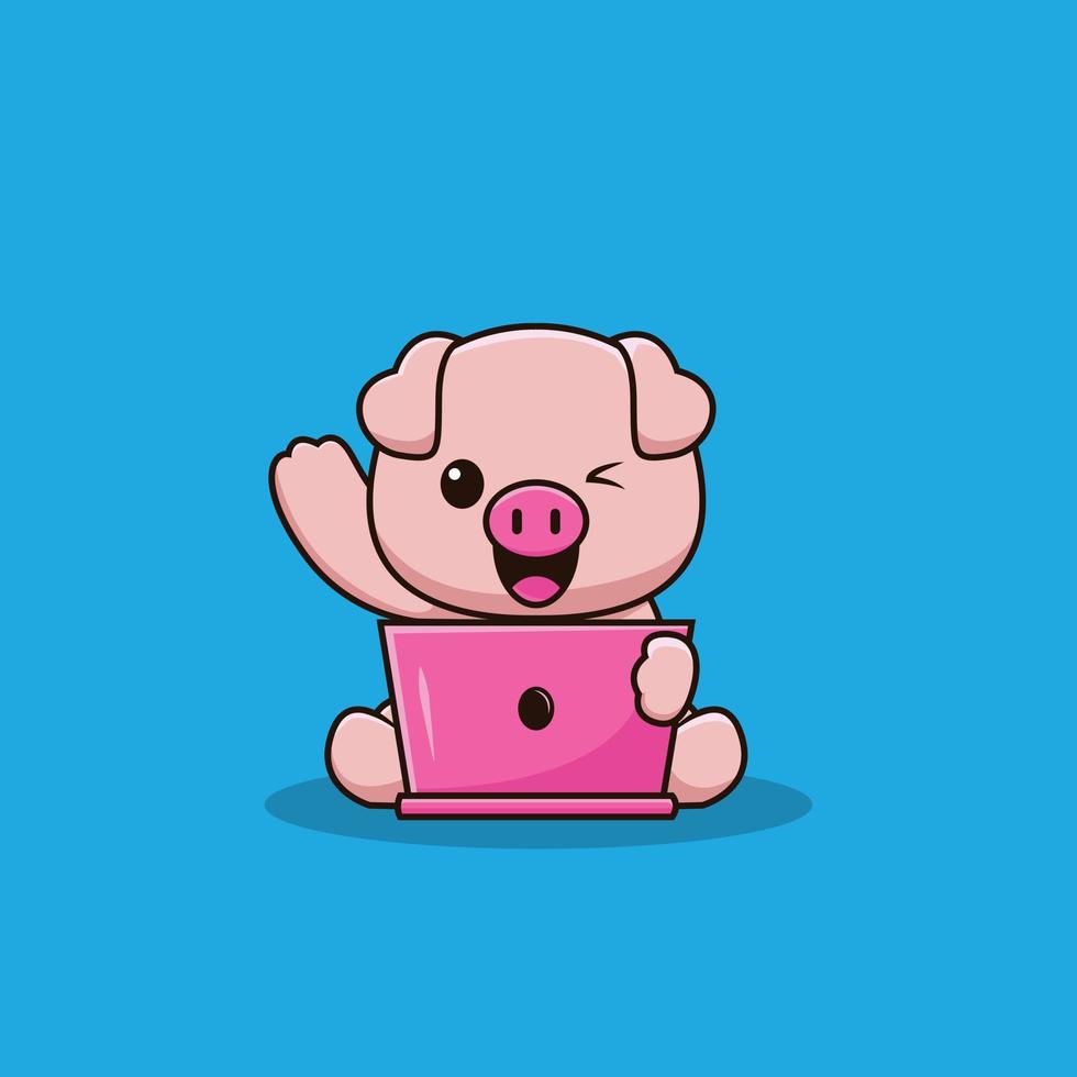Cute pig logo characters with laptop vector