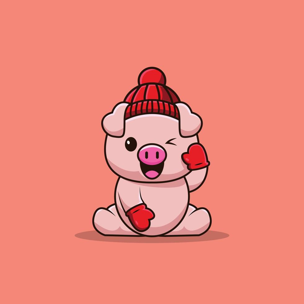lindos personajes con el logotipo de cerdo con tema de invierno. vector