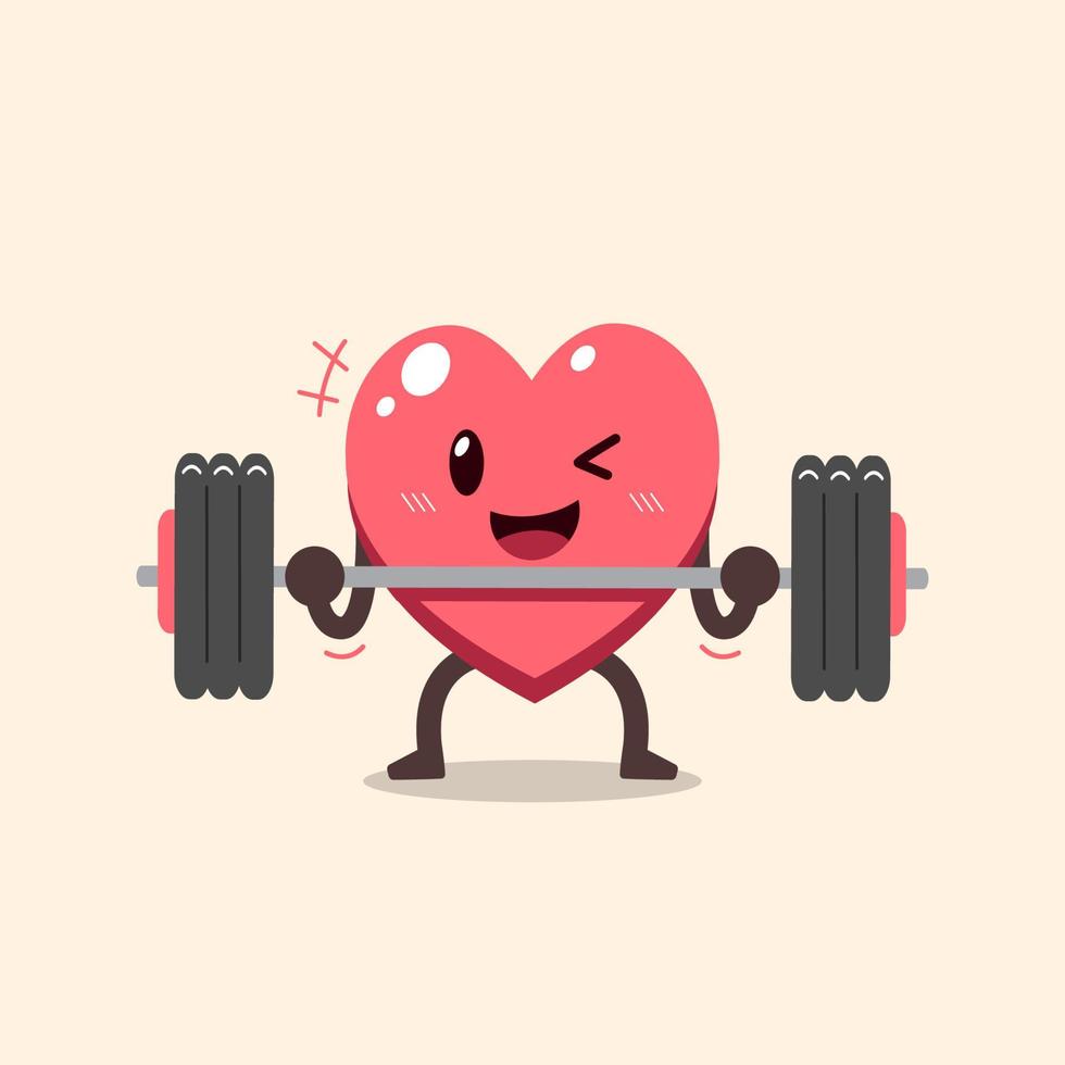 Cartoon heart character doing barbell weight training vector