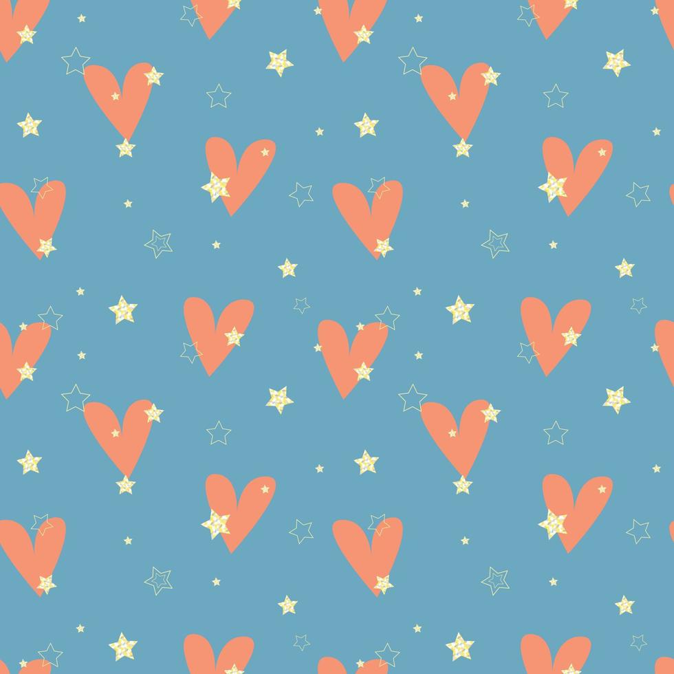 Pattern Love and Passion. Shiny gold stars and pink hearts on blue background. Valentines Day background. vector