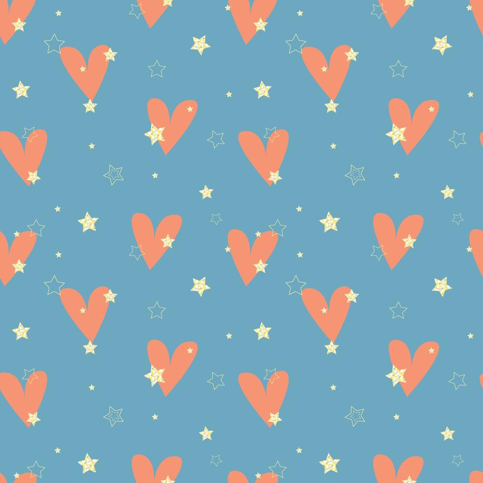 Pattern Love and Passion. Shiny gold stars and pink hearts on blue background. Valentines Day background. vector