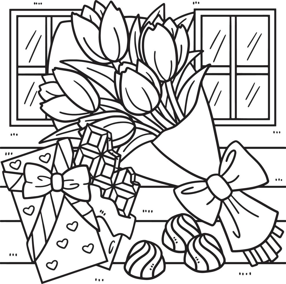 Bouquet and Chocolates Valentines Day Coloring vector