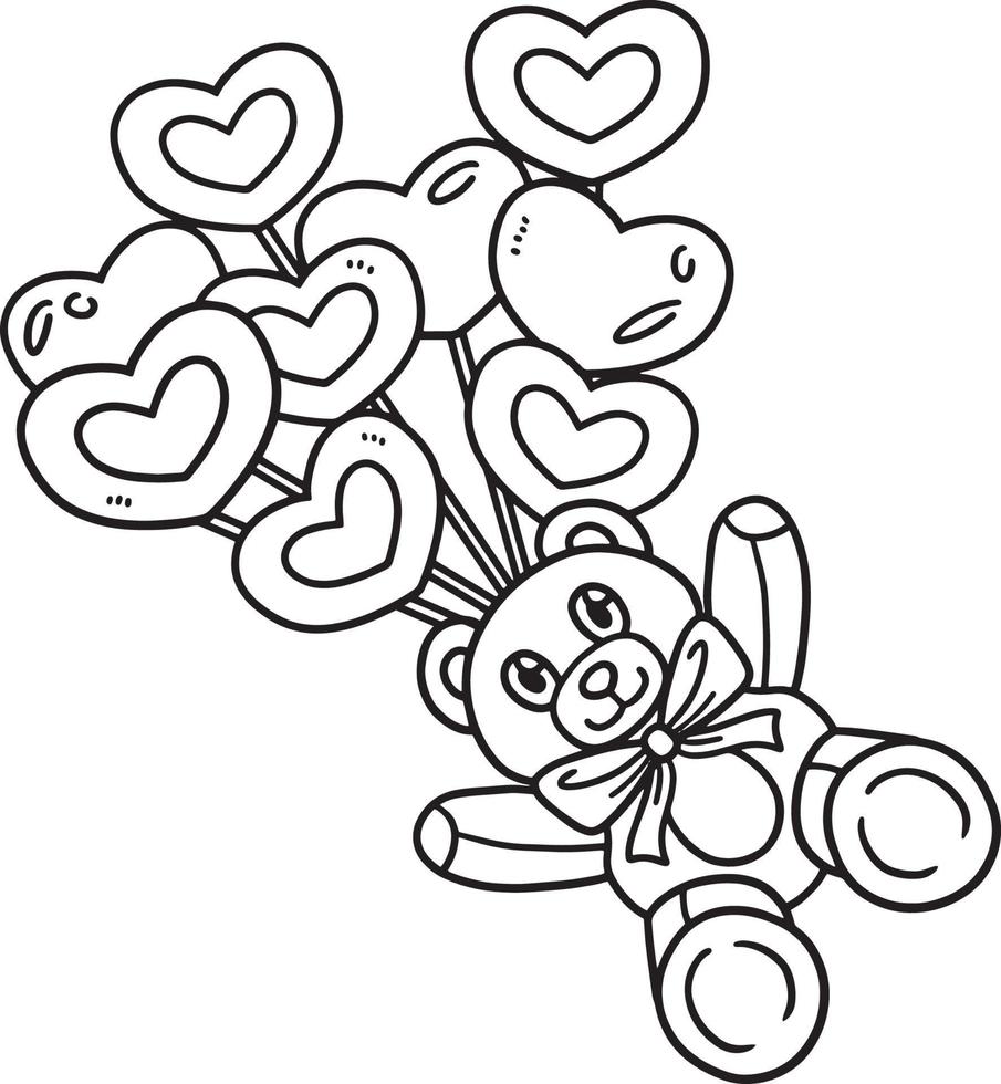 Teddy Bear Heart Balloons Isolated Coloring Page vector