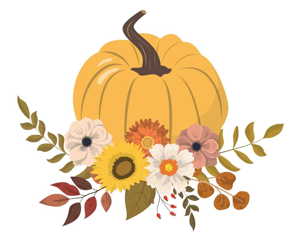 Cartoon autumn floral pumpkins with flowers and forest leaves clipart. Isolated on white background. Seasonal harvest design for greeting or poster. vector