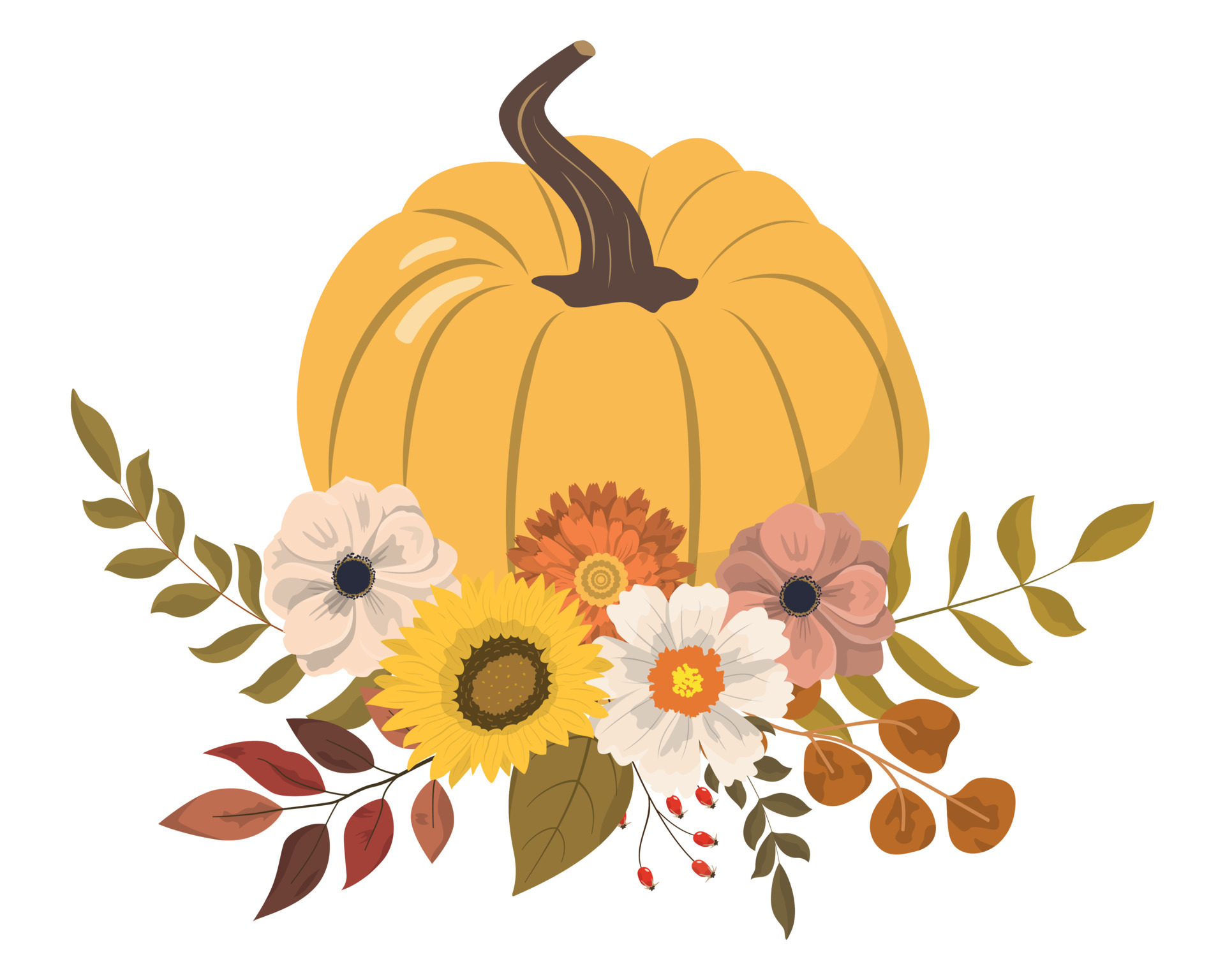 Cartoon Autumn Floral Pumpkins With Flowers And Forest Leaves Clipart Cartoon Autumn Floral Pumpkins With Flowers And Forest Leaves Clipart Isolated On White Background Seasonal Harvest Design For Greeting Or Poster Vector