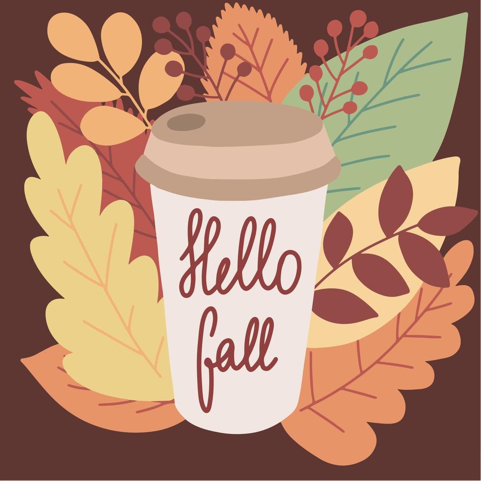 Coffee mug vector illustration with autumn leaves behind. Hello fall vector mug with hot drink illustration.