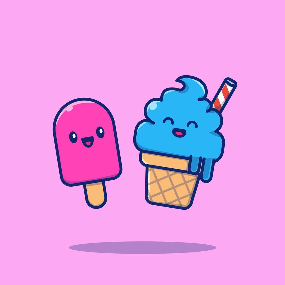 Cute Ice Cream Couple Cartoon Vector Icon Illustration. Food Icon Concept Isolated Premium Vector. Flat Cartoon Style