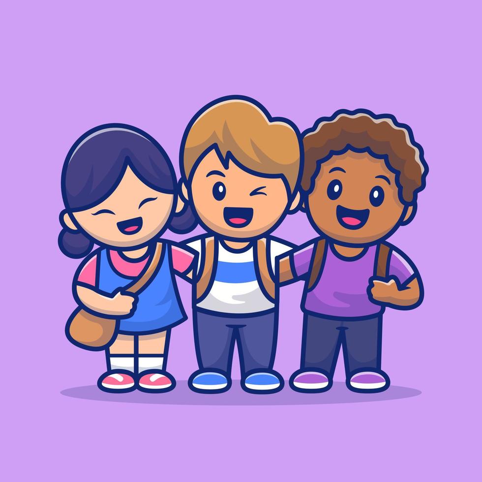 Cute Kids With Different Skin Color Cartoon Vector Icon Illustration. People And Education Icon Concept Isolated Premium Vector. Flat Cartoon Style