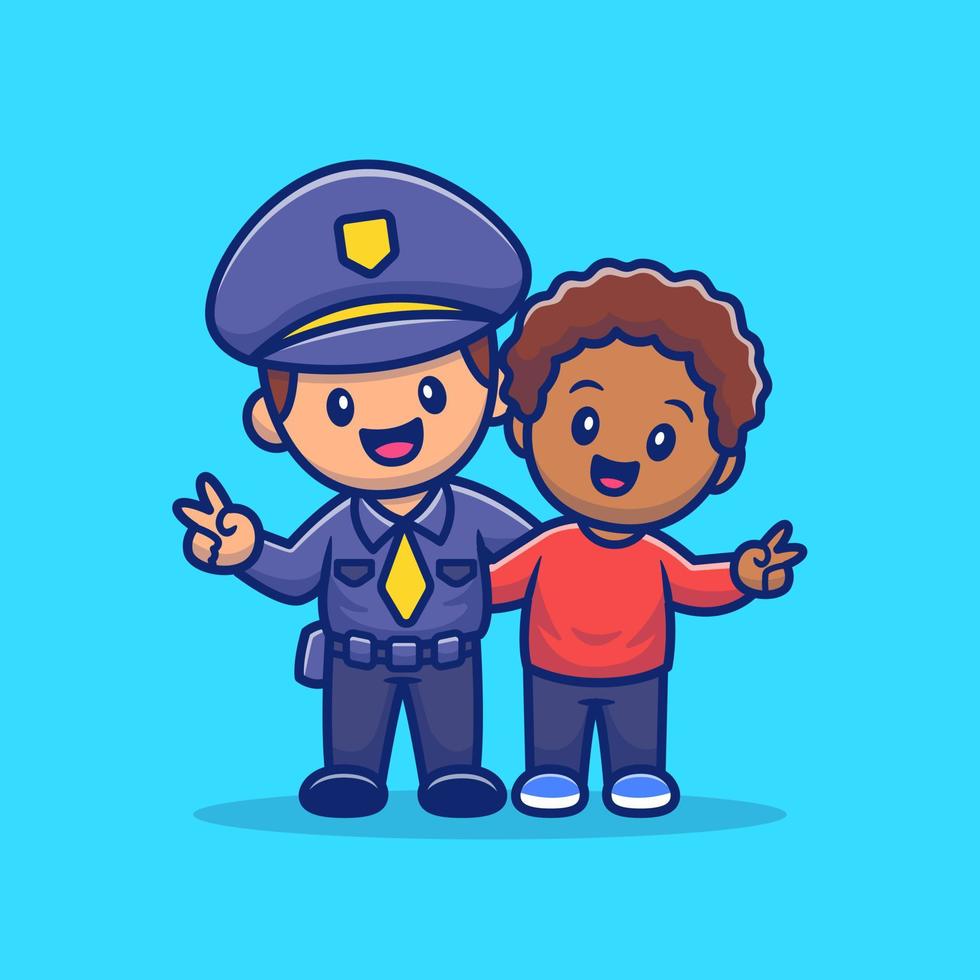 lindo policía y niño abrazando dibujos animados vector icono ilustración. concepto de icono de personas y educación aislado vector premium. estilo de dibujos animados plana