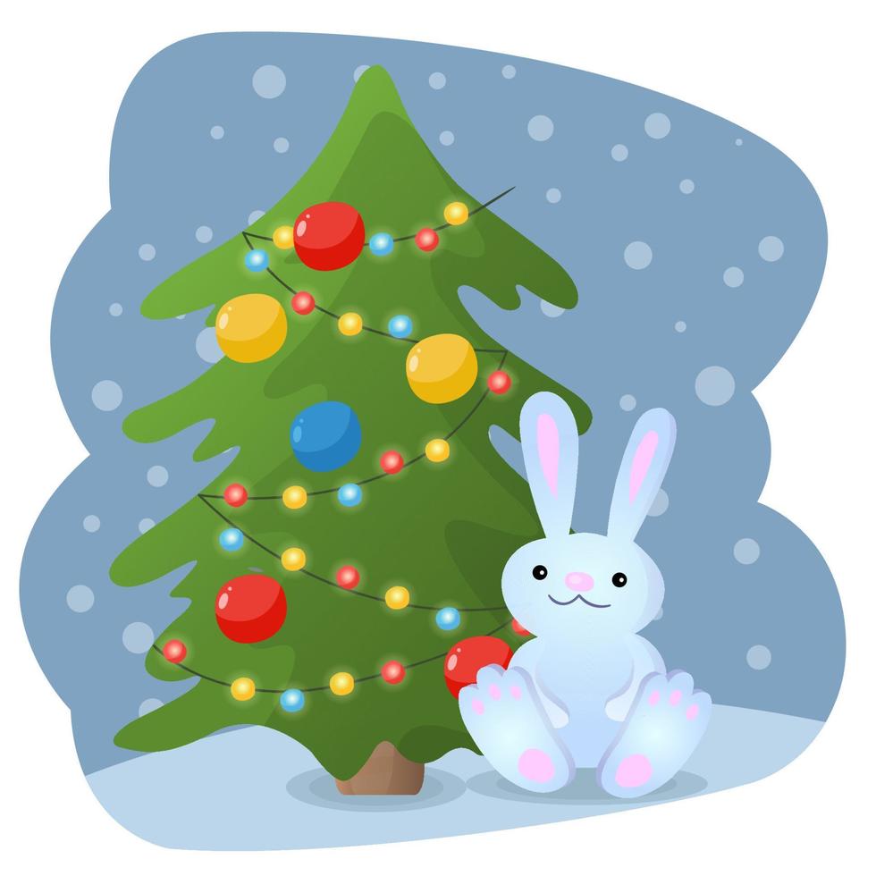 conejo de dibujos animados sentado cerca del árbol de navidad. Linda ilustración navideña de temporada en estilo de dibujos animados planos. ilustración vectorial vector