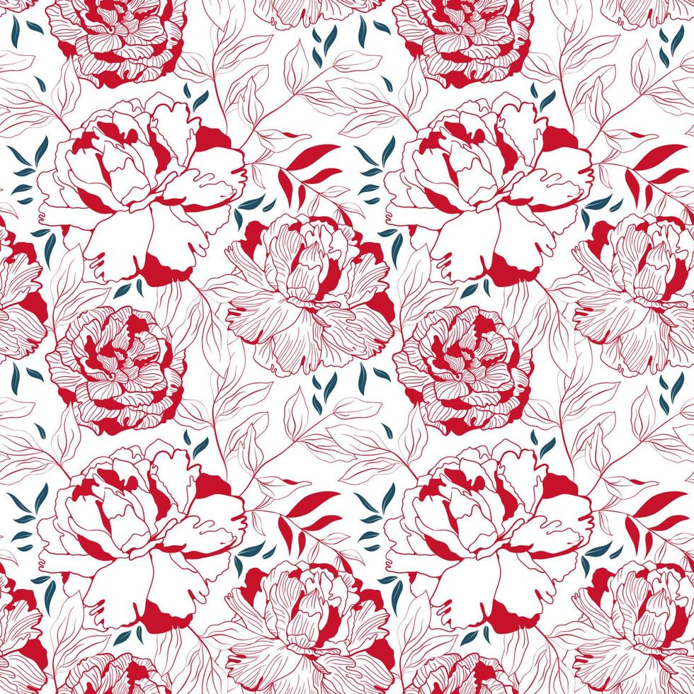 Peony red and white floral seamless pattern vector