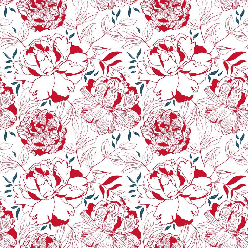 Peony red and white floral seamless pattern vector