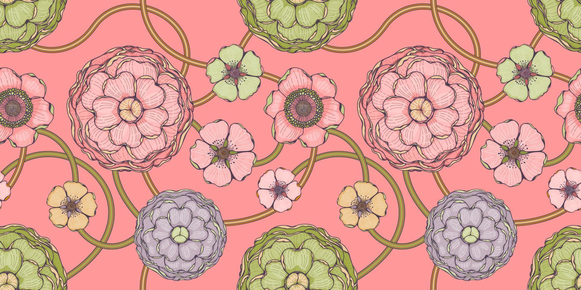 Floral pink seamless pattern with peones and magnolias vector