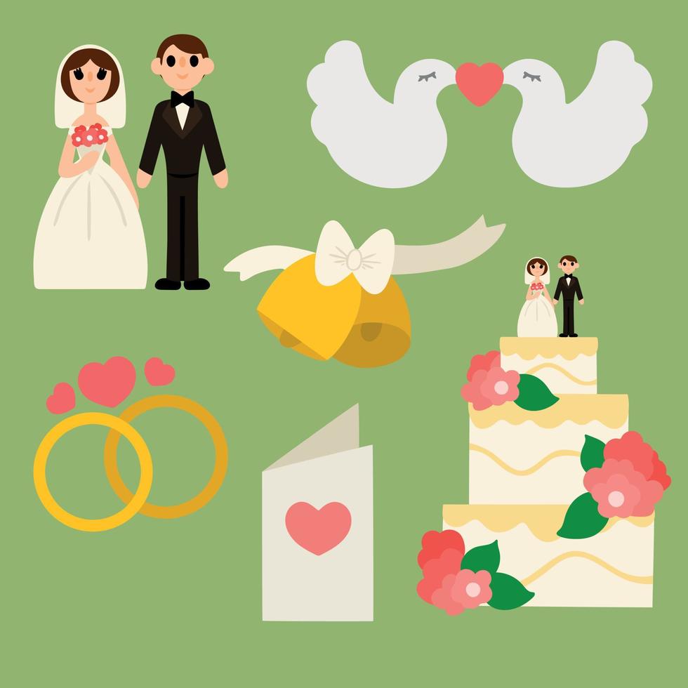 vector ambientado en el tema de la boda. novia y el novio pastel de bodas postal anillos de campana palomas. ilustración vectorial elemento de diseño fondo de color verde