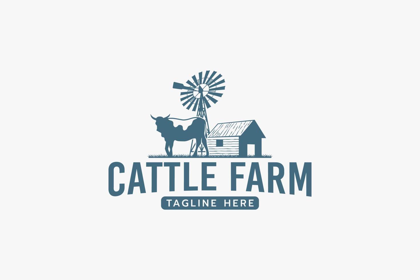 cattle farm logo with a combination of a cow, field, barn, and windmill vector