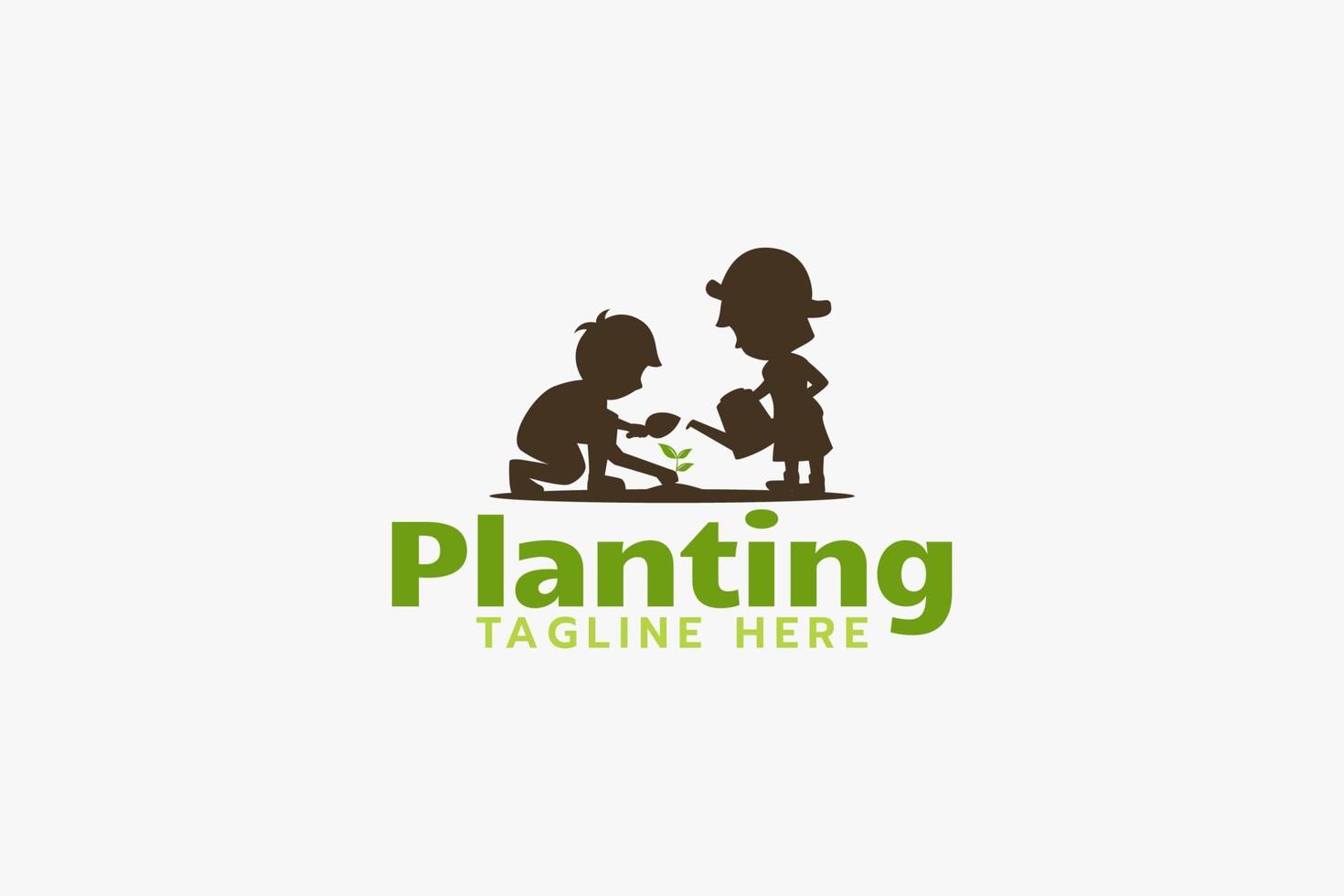 logo de plantación con siluetas de dos niños haciendo actividades de plantación vector