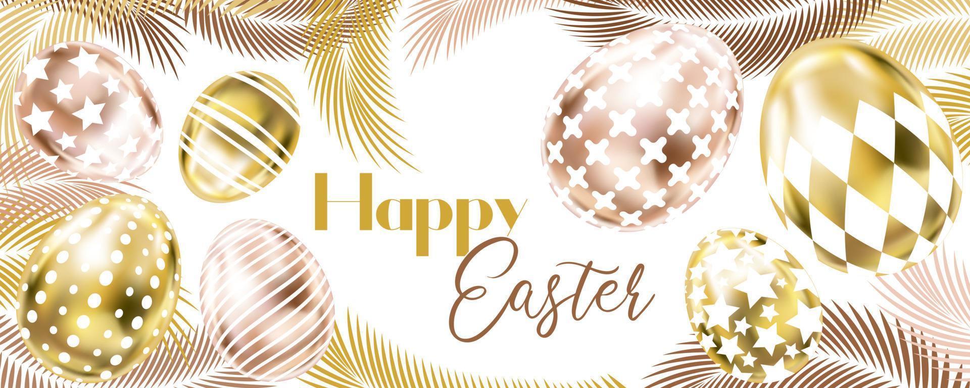 Happy Easter banner with pink golden eggs and palm branches vector