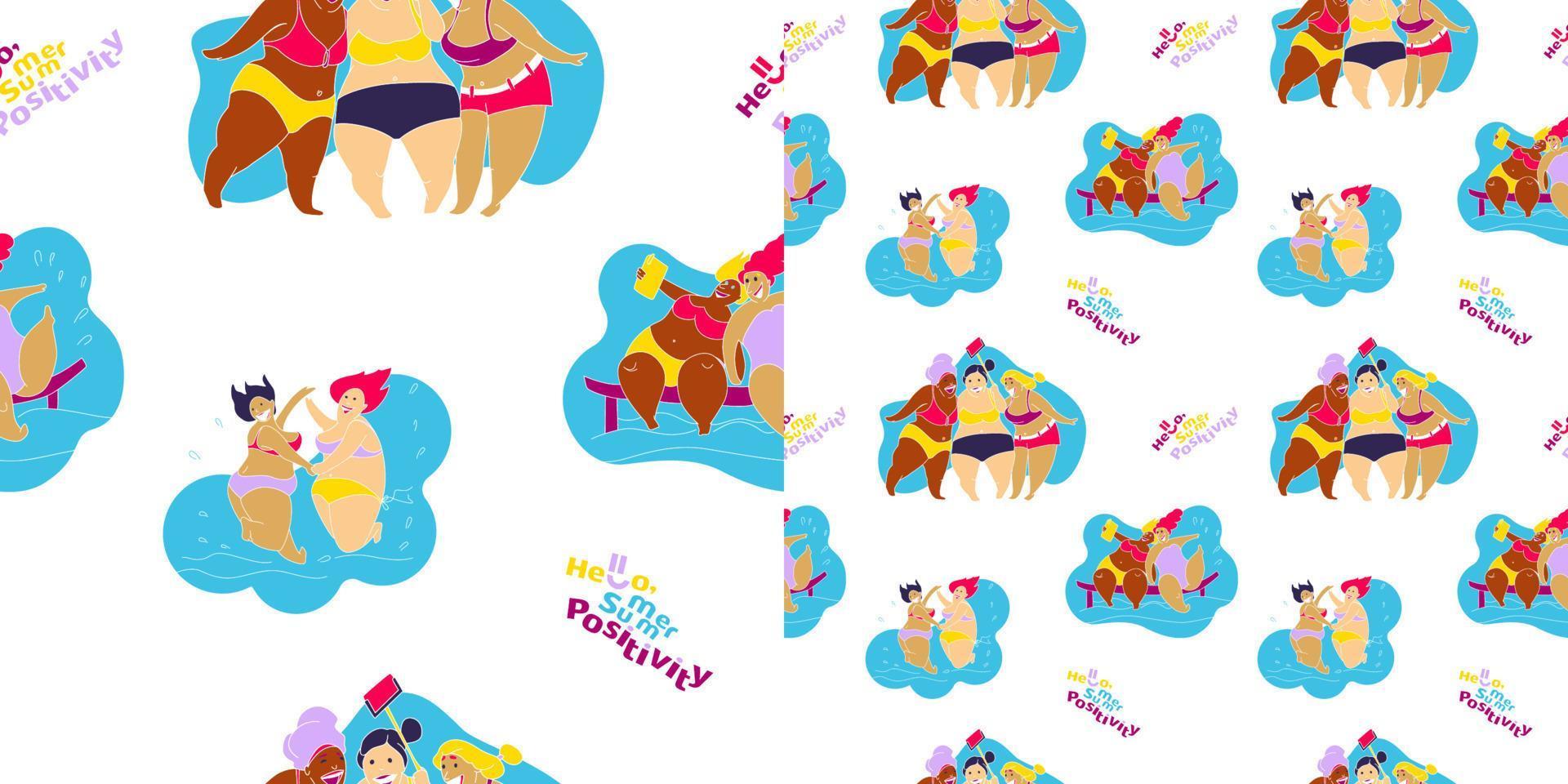 Seamless pattern Happy Fat Girl on the Beach vector